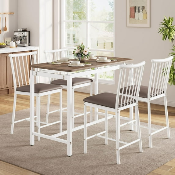 PAPROOS Counter Height Dining Table Set for 4, 5 Piece Farmhouse Dining Room Set, Wooden TableTop, Upholstered Padded Faux Leather Stools, Brown&White