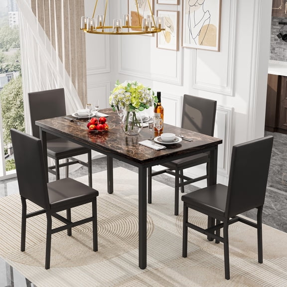 PAPROOS Dining Table Set for 4, Modern 5-Piece Kitchen Table Set with Faux Marble Top and Leather Upholstery Chairs, Heavy Duty Dinette Sets for Breakfast Nook, Dining Room Table and Chairs, Brown