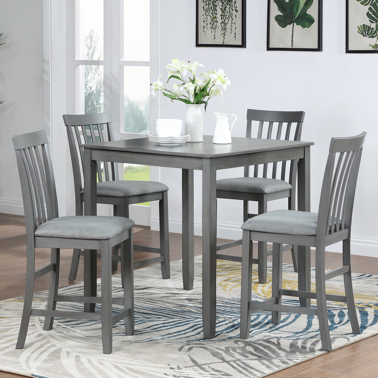 PAPROOS Solid Wood Dining Table, Counter Height Square Kitchen Table for Small Space, Farmhouse Acacia Wooden Dinner Table for 4, Gray(Only Table)