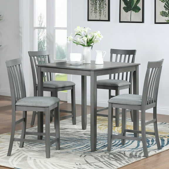 PAPROOS Solid Wood Dining Table, Counter Height Square Kitchen Table for Small Space, Farmhouse Acacia Wooden Dinner Table for 4, Gray(Only Table)
