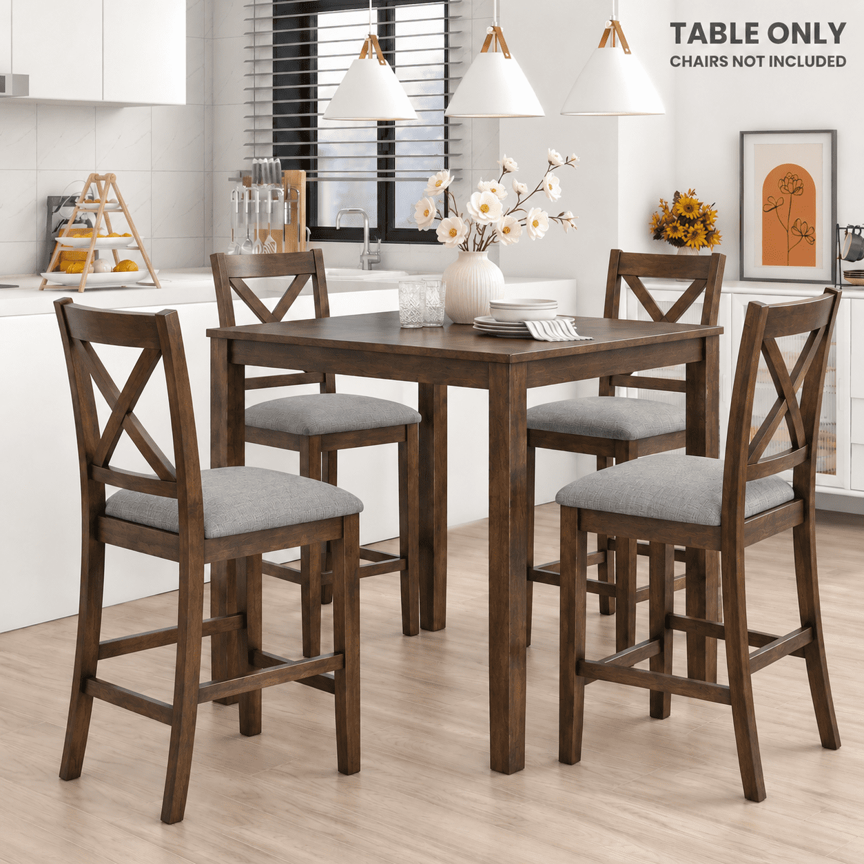 PAPROOS Counter Height Dining Table, Solid Wood Square Kitchen Table for Small Space, Modern Farmhouse Acacia Wooden Dining Table, Walnut(Table Only)