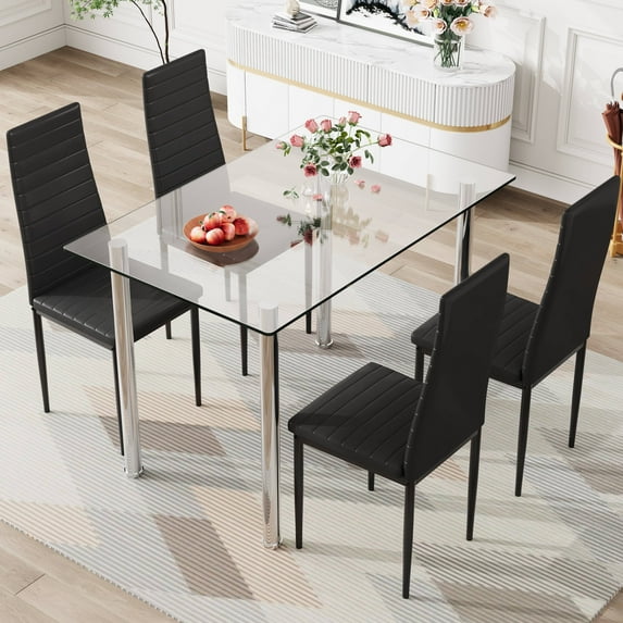 PAPROOS Dining Table Set for 4, Modern Kitchen Table Sets with Tempered Glass Dining Table and 4 PU Leather Chairs, Compact Dining Room Set for Small Space, Home Dinette Set for 4, Black