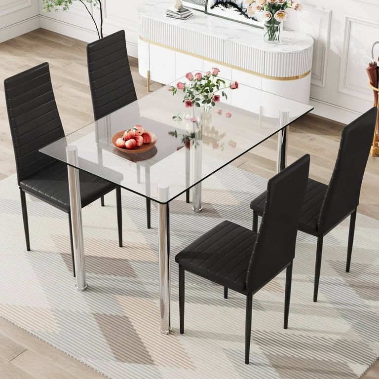 Vidaxl Black Glass Table Set NALLBEIRRAA 5-Piece Kitchen Dining Table  Set For - Main Image
