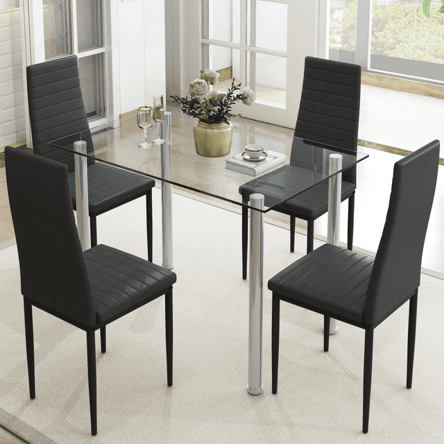 PAPROOS Dining Table Set for 4, Modern Kitchen Table Sets with Tempered ...