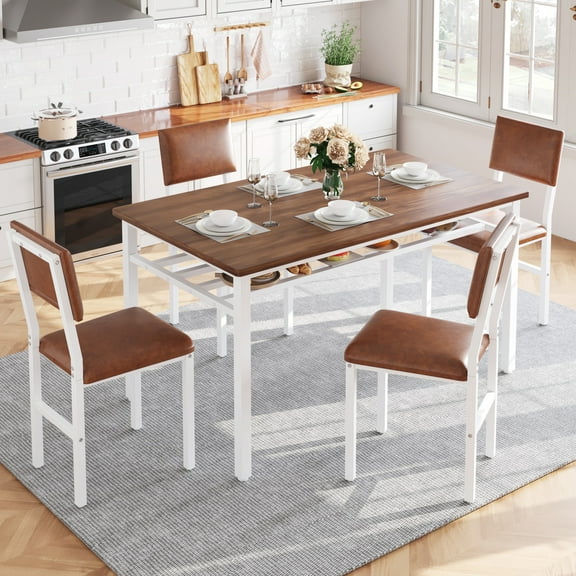 PAPROOS 5 Piece Dining Table Set, New Upgraded Dining Room Set with Wooden Table Top and Faux Leather Upholstery Chairs, Modern Dinette Sets for 4, Kitchen Table and Chairs Set, Rustic Brown