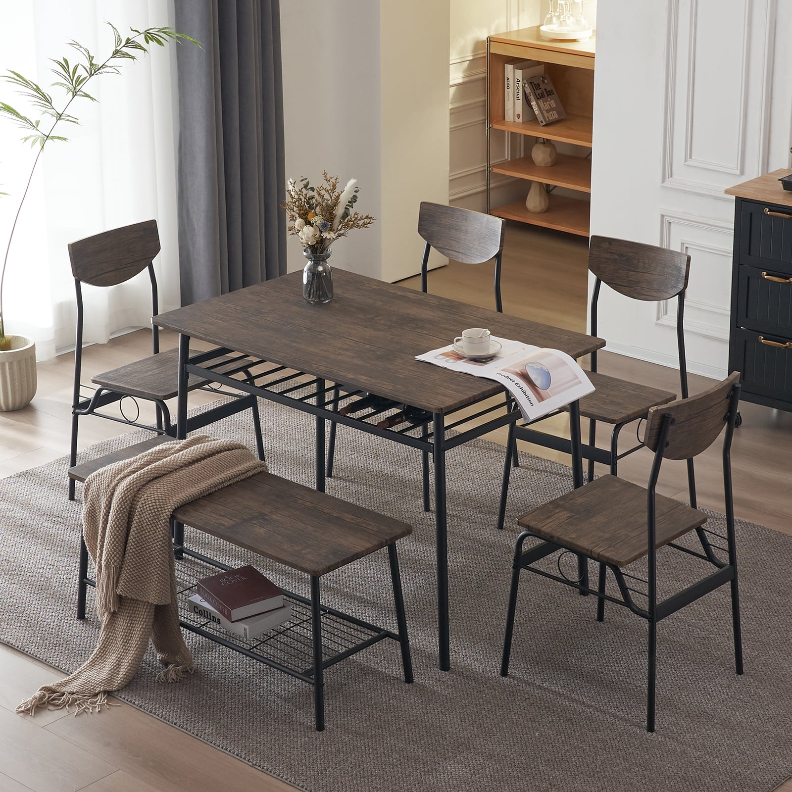 PAPROOS 6-Piece Dining Table Set, Wooden Top & Metal Frame, for Breakfast Nook, Dining Room ...