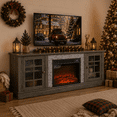 thumbnail image 1 of PAPROOS 70" Fireplace TV Stand for TVs up to 75", Farmhouse Entertainment Center with 23" Electric Fireplace, Faux Stone Media Console with Glass Doors and Adjustable Shelves, Gray, 1 of 10