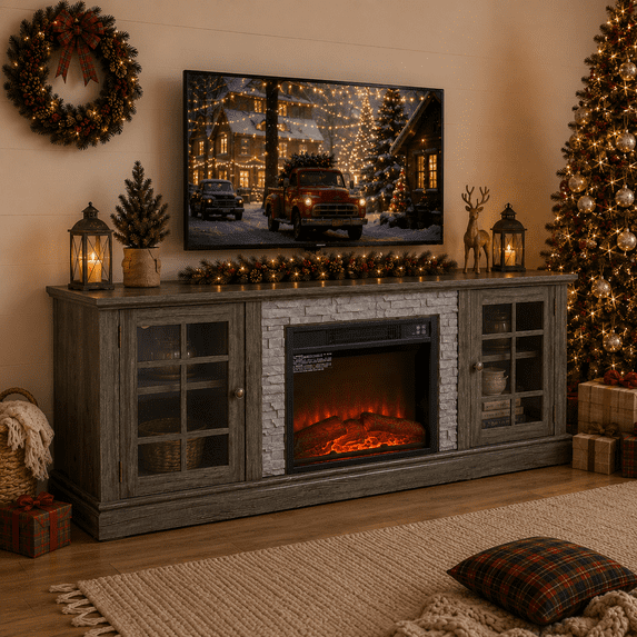 PAPROOS 70" Fireplace TV Stand for TVs up to 75", Farmhouse Entertainment Center with 23" Electric Fireplace, Faux Stone Media Console with Glass Doors and Adjustable Shelves, Gray