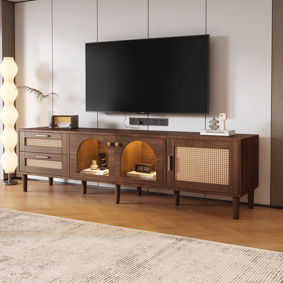 PAPROOS TV Stand for 75 Inch TV, Rattan TV Cabinet with LED Light, Media Television Console with 3 Storage Cabinets and 2 Drawers, Living Room Entertainment Center for 70-80 Inches TV, Dark Brown