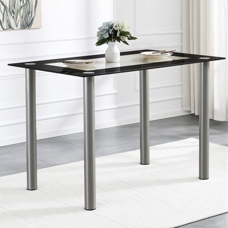 Rectangular Dining Table for 4, Paproos 43" Tempered Glass Kitchen Table, Small Dining Room Table with Stainless Steel Legs for Kitchen Dining Room, Transparent & Black(Only Table)