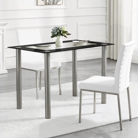 Rectangular Dining Table for 4, Paproos 43" Tempered Glass Kitchen Table, Small Dining Room Table with Stainless Steel Legs for Kitchen Dining Room, Transparent & Black(Only Table)