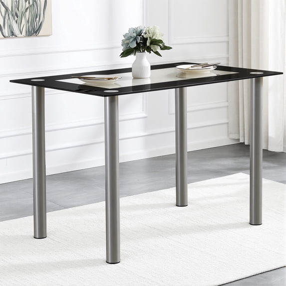 Rectangular Dining Table for 4, Paproos 43" Tempered Glass Kitchen Table, Small Dining Room Table with Stainless Steel Legs for Kitchen Dining Room, Transparent & Black(Only Table)