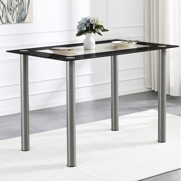 Rectangular Dining Table for 4, Paproos 43" Tempered Glass Kitchen Table, Small Dining Room Table with Stainless Steel Legs for Kitchen Dining Room, Transparent & Black(Only Table)