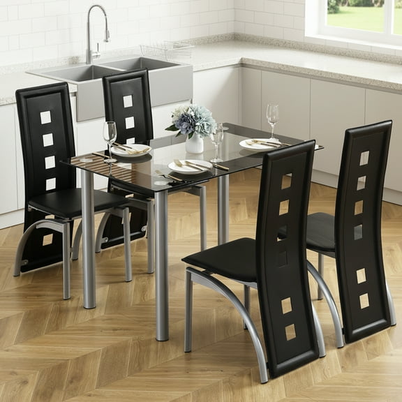 Rectangular Dining Table for 4, Paproos 43" Tempered Glass Kitchen Table, Small Dining Room Table with Stainless Steel Legs for Kitchen Dining Room, Transparent & Black(Only Table)