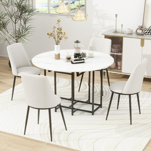 PAPROOS Extendable Dining Table Set for 4, Compact 5 Piece Dining Room Set with Round Faux Marble Top, Golden Frame, and Upholstered Chairs, Space Saving Foldable Dinette Set, White&Beige