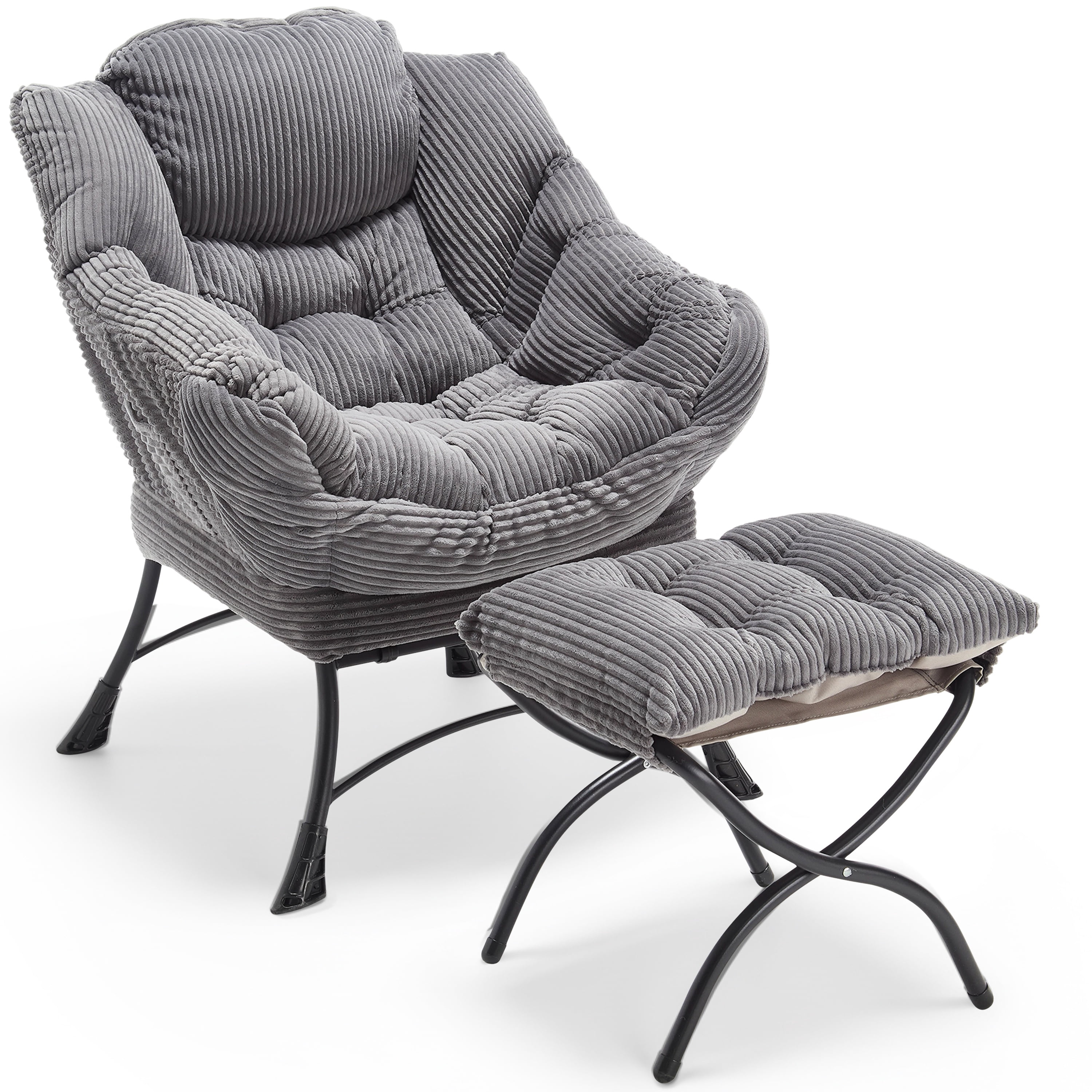 PAPROOS Lazy Chair with Foldable Ottoman, Flannelette Fabric Accent Chair and Footrest Stool Set, Comfy Lounge Arm Chair with Footstool Set, Reading Chair Leisure Sofa Chair for Living Room, Gray