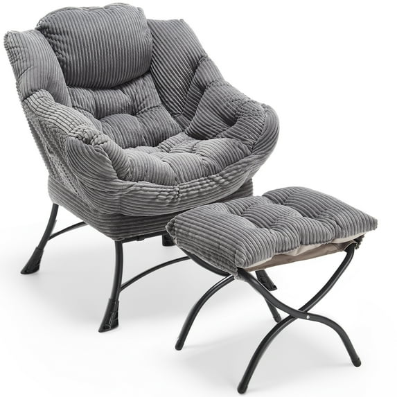 PAPROOS Lazy Chair with Foldable Ottoman, Flannelette Fabric Accent Chair and Footrest Stool Set, Comfy Lounge Arm Chair with Footstool Set, Reading Chair Leisure Sofa Chair for Living Room, Gray
