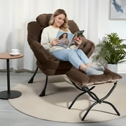 PAPROOS Fabric Lazy Chair with Foldable Ottoman, Large Accent Chair and Footrest Stool Set, Comfy Lounge Arm Chair with Footstool Set, Reading Chair Leisure Sofa Chair for Living Room, Brown
