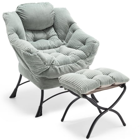 PAPROOS Lazy Chair with Foldable Ottoman, Flannelette Fabric Accent Chair and Footrest Stool Set, Comfy Lounge Arm Chair with Footstool Set, Reading Chair Leisure Sofa Chair for Living Room, Green