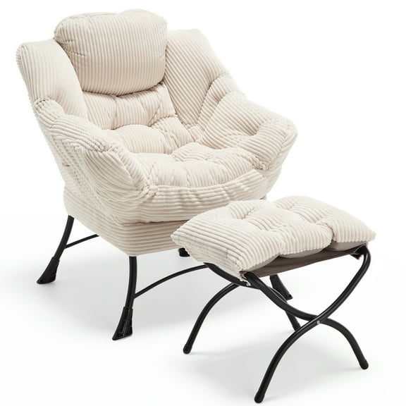 PAPROOS Lazy Chair with Foldable Ottoman, Flannelette Fabric Accent Chair and Footrest Stool Set, Comfy Lounge Arm Chair with Footstool Set, Reading Chair Leisure Sofa Chair for Living Room, Brown