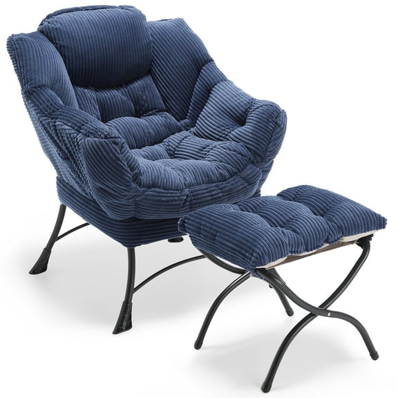 PAPROOS Lazy Chair with Foldable Ottoman, Flannelette Fabric Accent Chair and Footrest Stool Set, Comfy Lounge Arm Chair with Footstool Set, Reading Chair Leisure Sofa Chair for Living Room, Blue