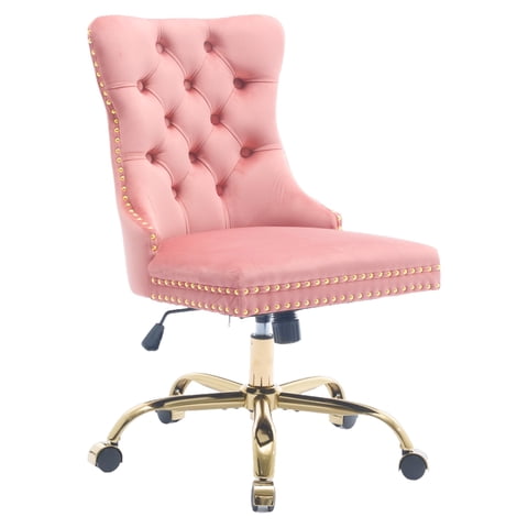 PAPROOS Vanity Chair, Swivel Home Office Chair, Ergonomic Home Desk Chair with Golden Metal Base, Adjustable Height, Velvet Upholstered Tufted Button Task Chair, Pink