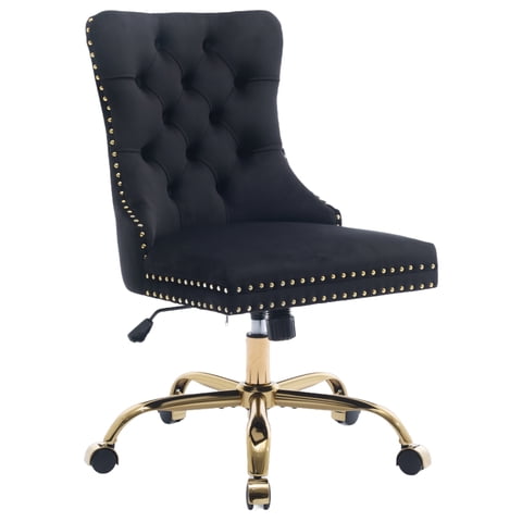 PAPROOS Vanity Chair, Swivel Home Office Chair, Ergonomic Home Desk Chair with Golden Metal Base, Adjustable Height, Velvet Upholstered Tufted Button Task Chair, Black