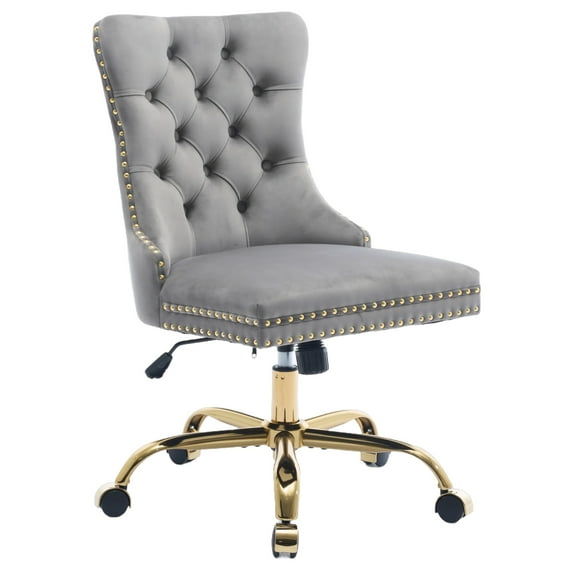 PAPROOS Vanity Chair, Swivel Home Office Chair, Ergonomic Home Desk Chair with Golden Metal Base, Adjustable Height, Velvet Upholstered Tufted Button Task Chair, Gray