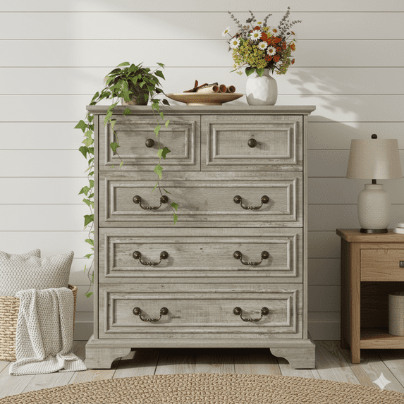 PAPROOS Farmhouse 5 Drawer Dresser for Bedroom, 5 Drawers Cabinet, Chest of Drawers for Bedroom, Storage Cabinet Nightstand Dresser Organizer with Vintage Design, Closet, Grey