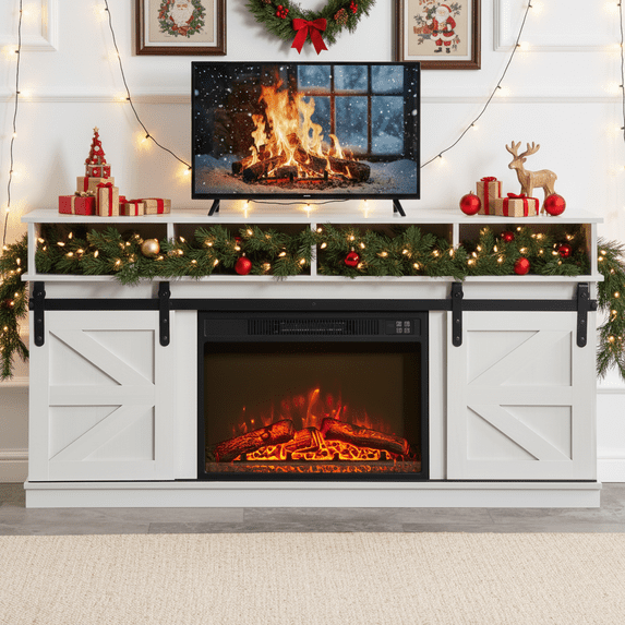 PAPROOS Fireplace TV Stand for 65 Inch TV, Barn Door Farmhouse TV Cabinet with 23'' Electric Fireplace, Entertainment Center Television Console Table for Living Room, White