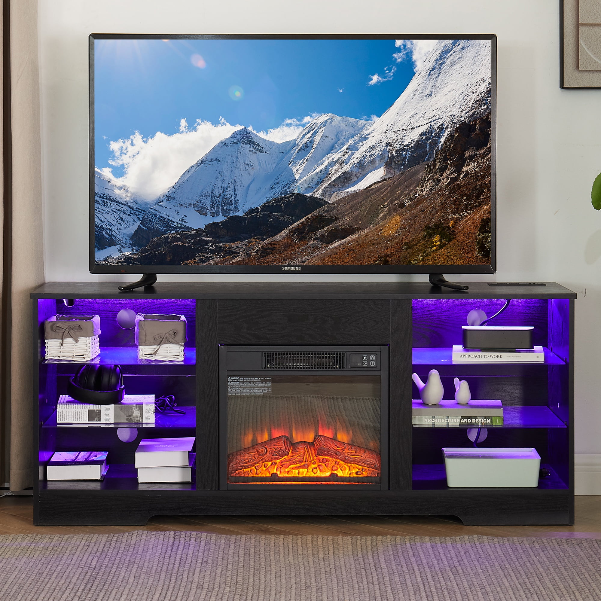 PAPROOS Fireplace TV Stand for 65 Inch TV, Farmhouse Entertainment Center with 18'' Fireplace, Electric Fireplace TV Stand with LED Light & Charging Station, TV Console for Living Room, Black