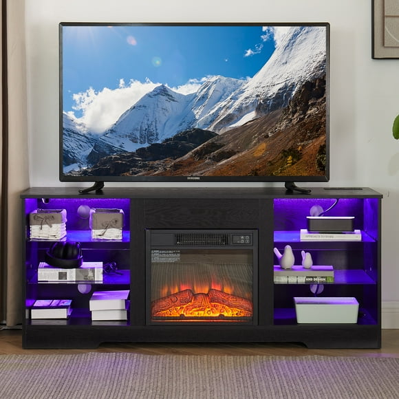 PAPROOS Fireplace TV Stand for 65 Inch TV, Farmhouse TV Stand with with 18 Inch Electric Fireplace, Entertainment Center with Charging Station, TV Console Table TV Cabinet for Living Room, Black