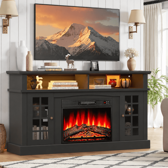 PAPROOS Fireplace TV Stand for 65 Inch TV, Farmhouse Entertainment Center with 23'' Fireplace, Electric Fireplace TV Stand with LED Light, TV Console for Living Room, Black