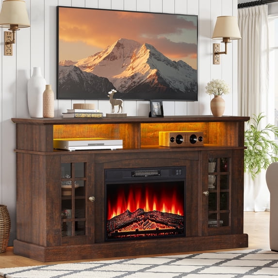 PAPROOS Fireplace TV Stand for 65 Inch TV, Farmhouse Entertainment Center with 23'' Fireplace, Electric Fireplace TV Stand with LED Light, TV Console for Living Room, Brown