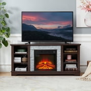 PAPROOS Fireplace TV Stand for 65-inch TV, Wooden TV Console Entertainment Center with Faux Stacked Stone Design for Living Room, Electric Fireplace TV Stand with Open Shelves, Cherry