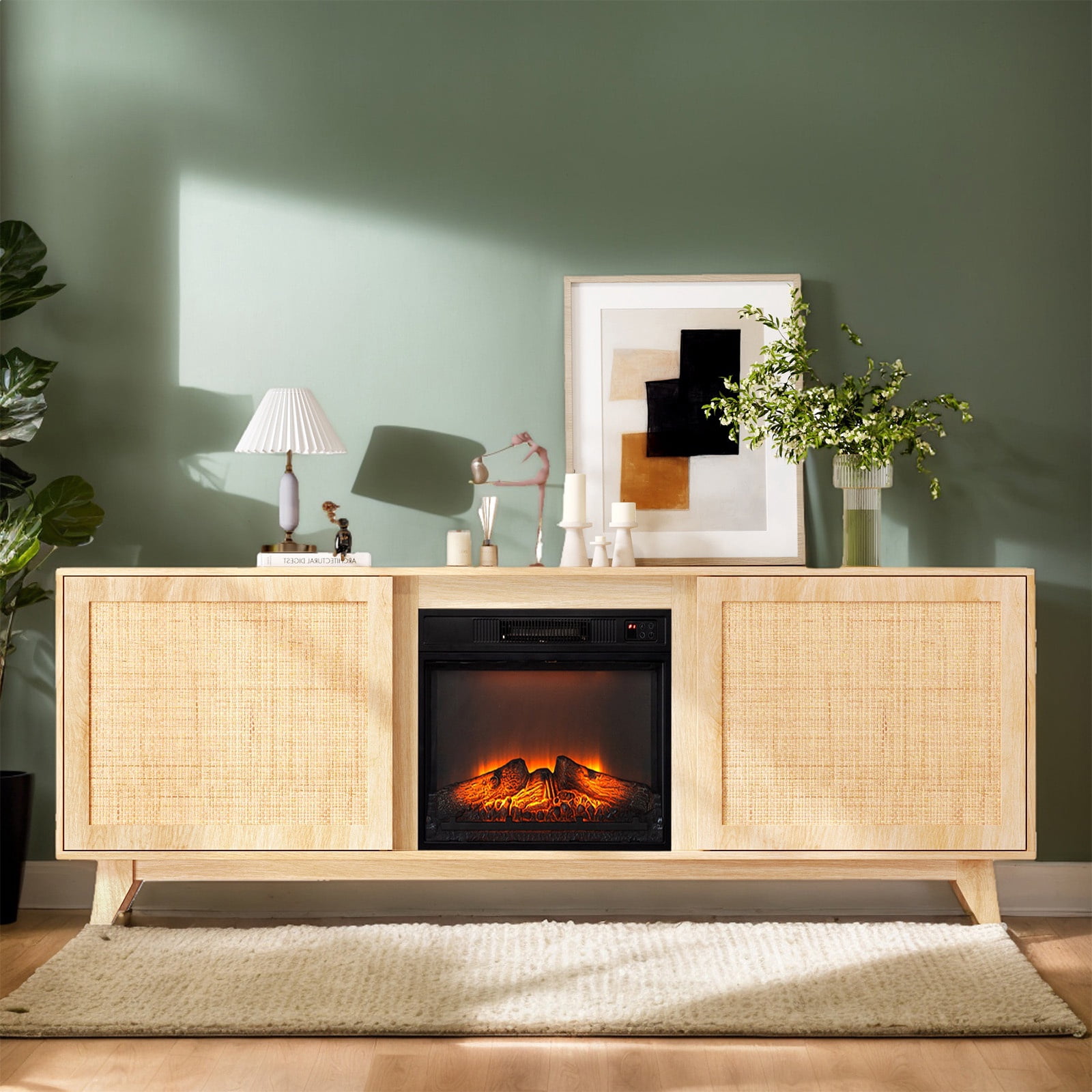 Paproos Fireplace TV Stand for TVs up to 80", 70’’ Modern Rattan TV Console with 19" Electric Fireplace, Entertainment Center with Rattan Doors, Media Console Table for Living Room, Oak