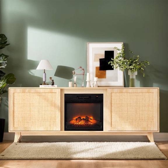 Paproos Fireplace TV Stand for TVs up to 80", 70’’ Modern Rattan TV Console with 19" Electric Fireplace, Entertainment Center with Rattan Doors, Media Console Table for Living Room, Oak
