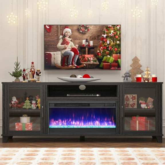PAPROOS Fireplace TV Stand for 60" Inch TV, TV Console with 23" Electric Fireplace, Adjustable Flame Color, Entertainment Center Television Console Table for Living Room, Black