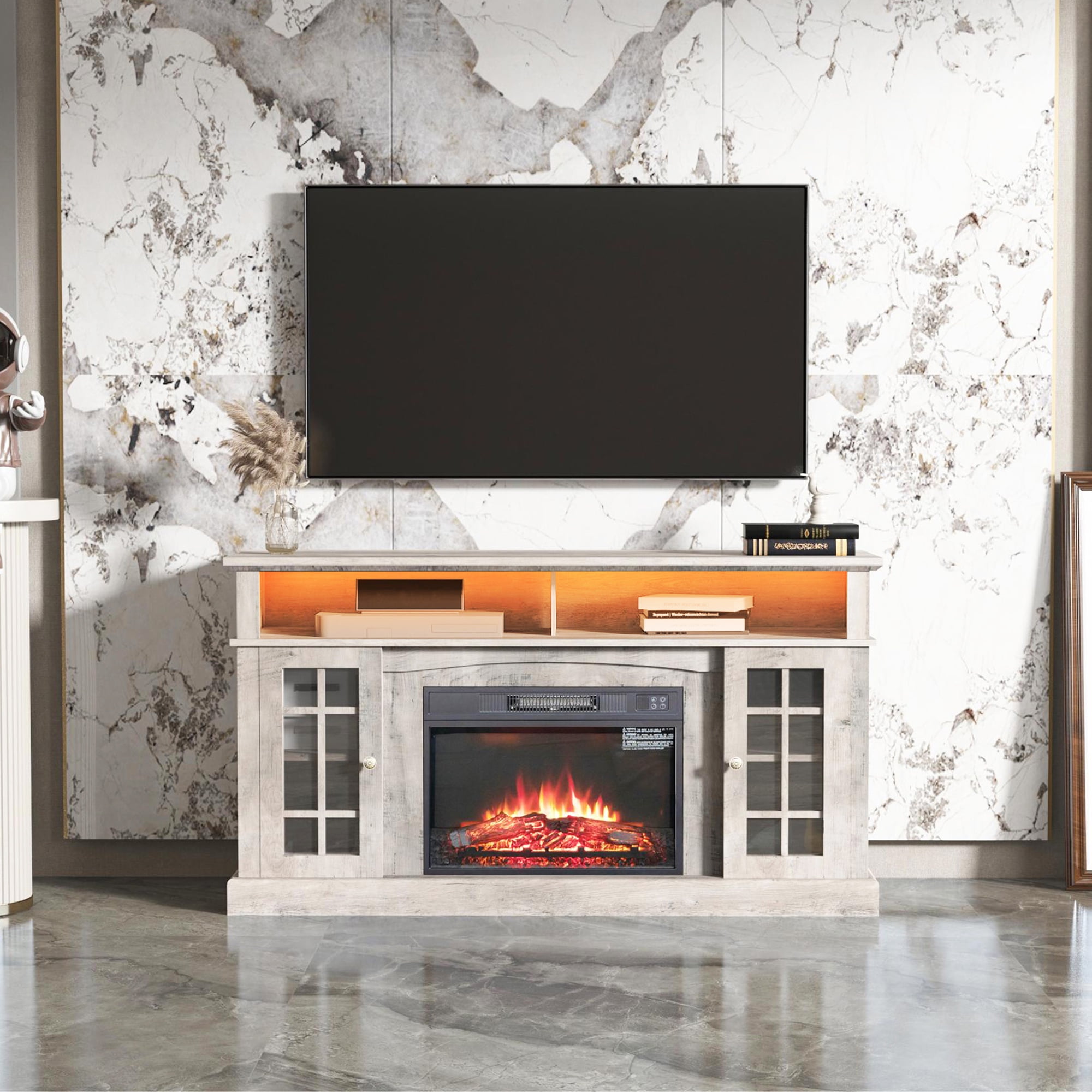 PAPROOS Fireplace TV Stand with LED Light Bluetooth Band for 65 Inch TV ...