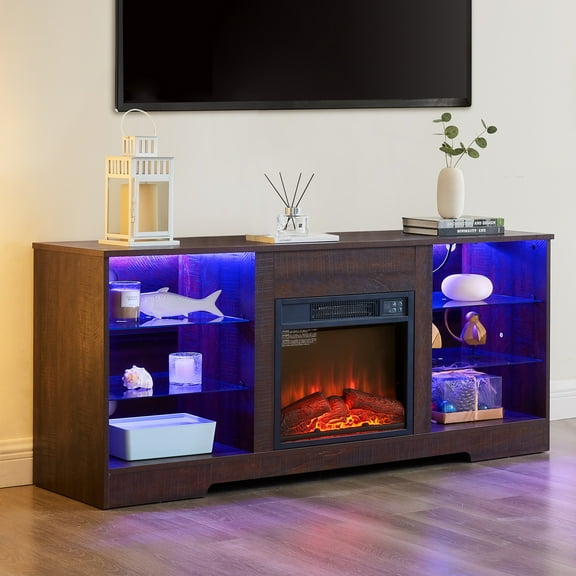 PAPROOS Fireplace TV Stand for 65 Inch TV, Farmhouse TV Stand with with 18 Inch Electric Fireplace, Entertainment Center with Charging Station, TV Console Table TV Cabinet for Living Room, Espresso