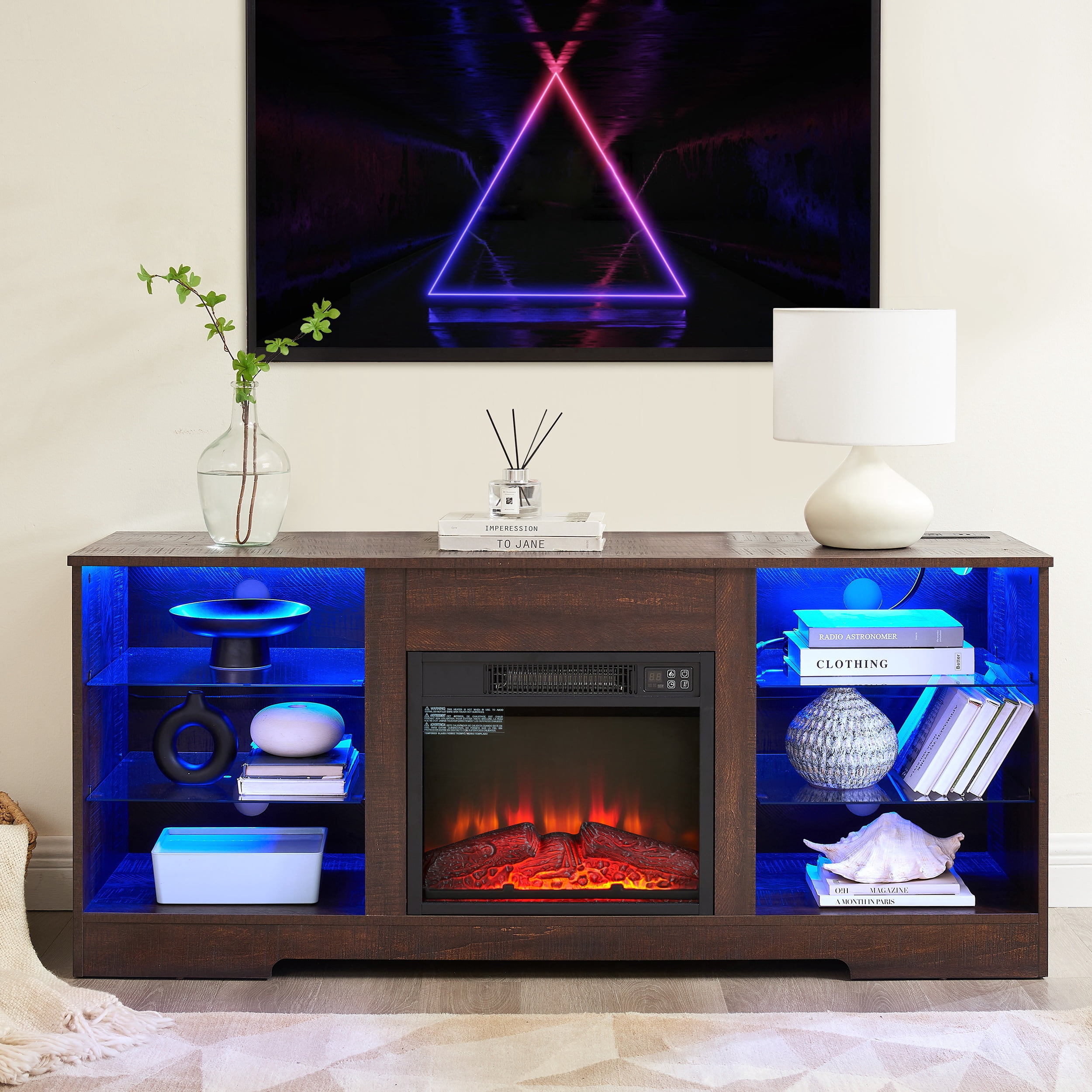 PAPROOS Fireplace TV Stand for 65 Inch TV, Farmhouse Entertainment Center with 18'' Fireplace, Electric Fireplace TV Stand with LED Light & Charging Station, TV Console for Living Room, Espresso