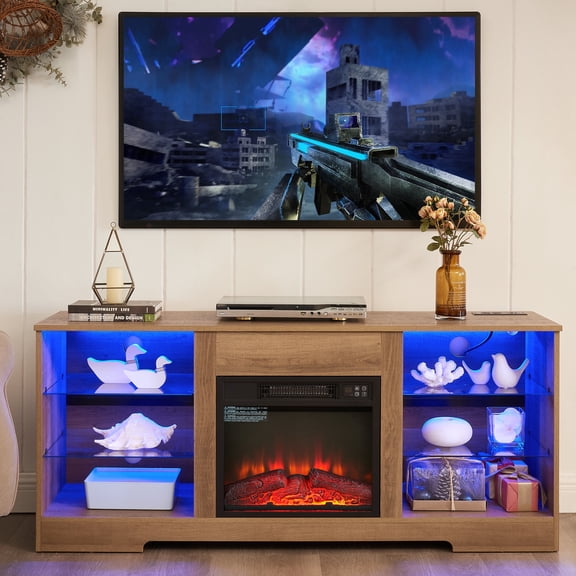 PAPROOS Fireplace TV Stand for 65 Inch TV, Farmhouse Entertainment Center with 18'' Fireplace, Electric Fireplace TV Stand with LED Light & Charging Station, TV Console for Living Room, Oak
