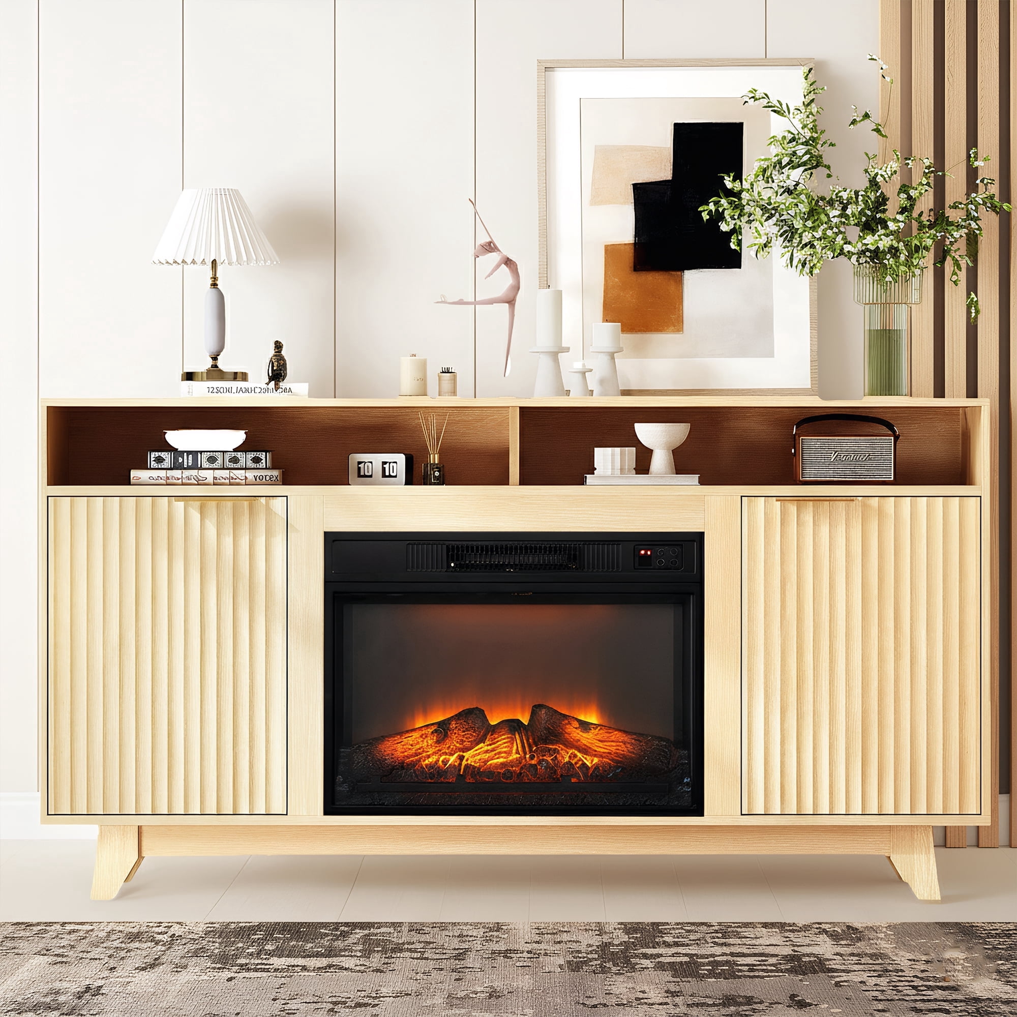 Paproos Fireplace TV Stand for TVs up to 70", 58" Fluted TV Stand with 24" Electric Fireplace, Fireplace Entertainment Center with Doors & Open Shelves, Media Console Table for Living Room, Oak