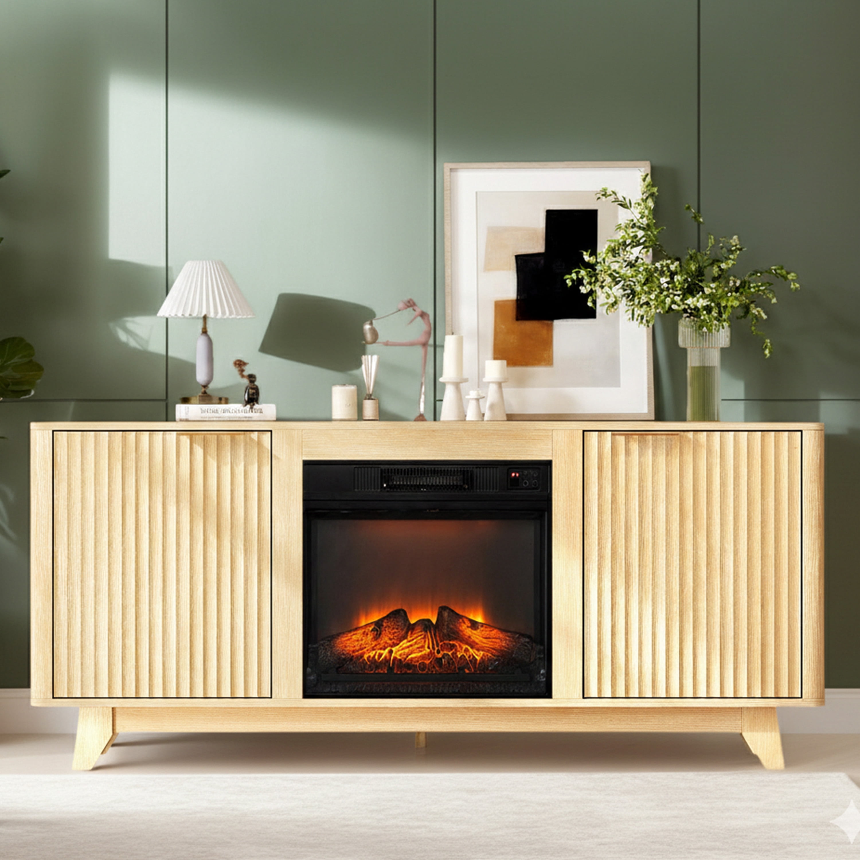 Paproos Fireplace TV Stand for TVs up to 70", 58" Modern Fluted TV Console with 19" Electric Fireplace, Entertainment Center with Doors, Media Console Table for Living Room, Oak