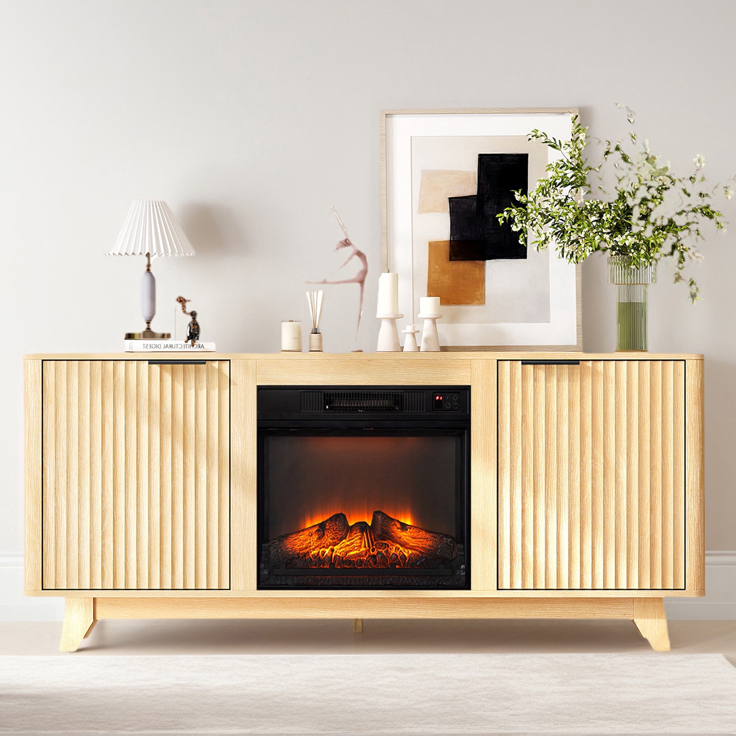 Paproos Fireplace TV Stand for TVs up to 70", 58’’ Modern Fluted TV Console with 19" Electric Fireplace, Entertainment Center with Doors, Media Console Table for Living Room, Oak