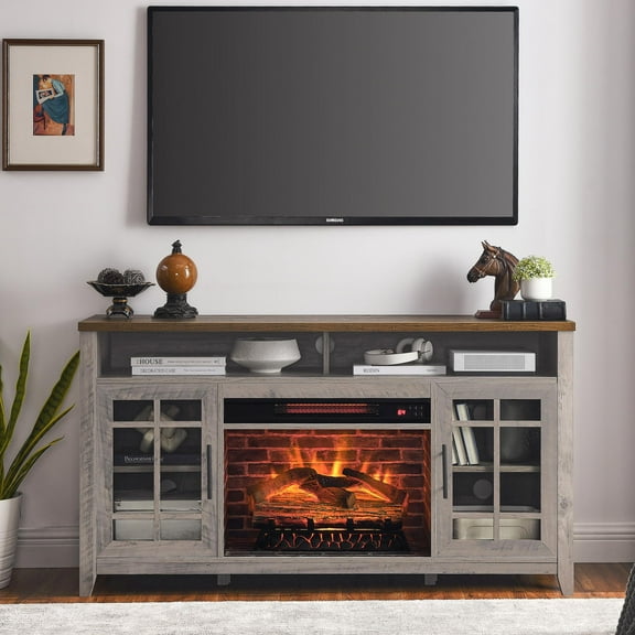 PAPROOS Fireplace TV Stand for 60 Inch TV, Home Media Entertainment Center, Industrial TV Console Cabinet for Living Room, Gray Wash Color
