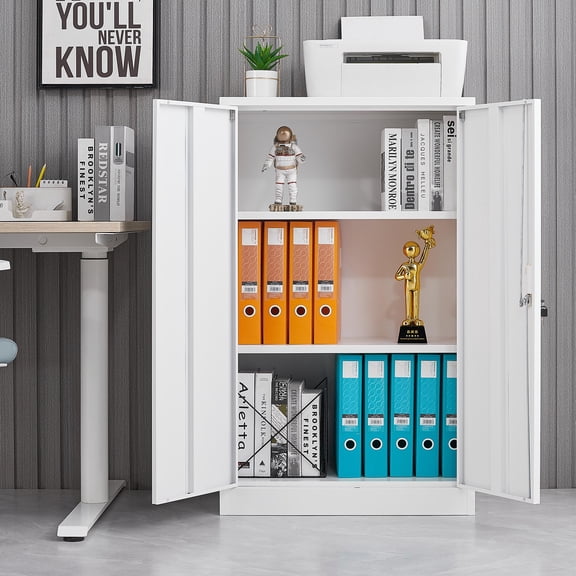 PAPROOS Folding Filing Storage Cabinet, Locking Metal Storage Cabinet with Adjustable Shelves and Locking Doors, Locker Cabinet for Home Office,Garage, White