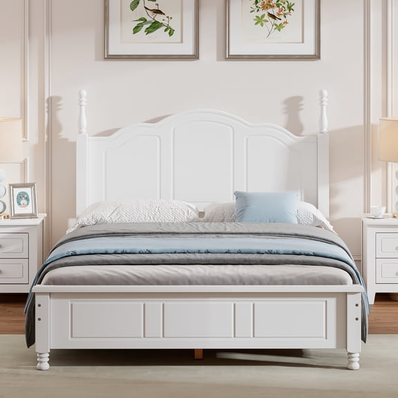 PAPROOS Full Bed Frame with Headboard, New Upgraded Wood Platform Bed with Wooden Slat Support, Retro Style Full Size Bed Frame for Teens Adults, No Box Spring Needed, White