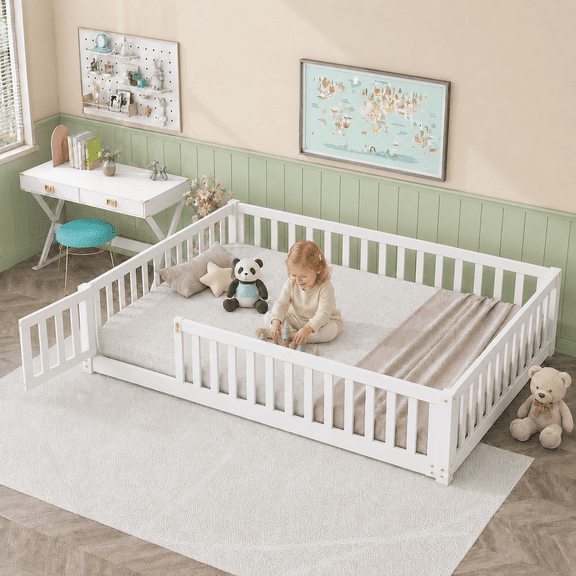 PAPROOS Full Floor Bed Frame, Wood Floor Platform Bed with Fence and Door, No Box Spring Needed, Modern Full Size Montessori Floor Bed for Little Girls Boys, Playhouse Bed Frame, White