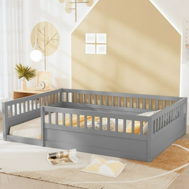 PAPROOS Full Floor Bed Frame with Fence, Wood Kids Full Size Bed Frame for Bedroom Playroom, Modern Montessori Floor Bed for Girls Boys, Gray